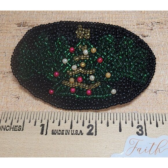 Vintage Beaded Christmas Tree Oval Leather Hair Barrette Clip Holiday Festive - Picture 2 of 4